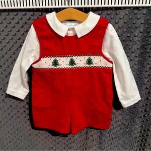 Edgehill Collection Boys Red Corduroy Smocked Christmas 2 piece Romper Outfit